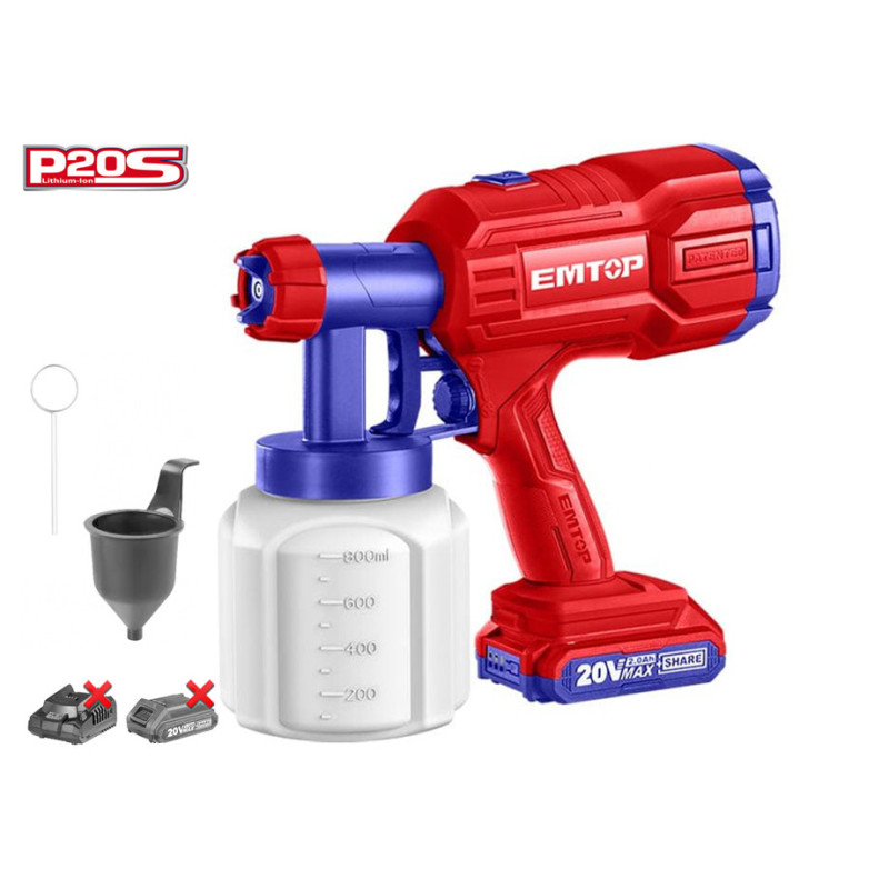 PISTOLA PINTURA BATERIA 20V 0.1-0.2bar 800ml/min - P20S EMTOP (NO INCLUYE BATERIA NI CARGADOR)