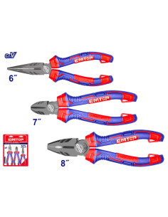 CONJUNTO 3 ALICATES Cr-V EMTOP (COMBINADO 8" - CORTE 7" - PINZA 6")
