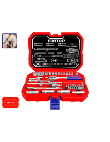 MALETIN 49 PIEZAS 1/4" Cr-V EMTOP (INCLUYE VASOS 10-14, LLAVES Y EXTENSIONES)