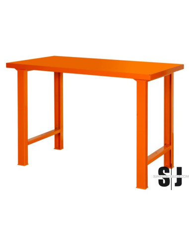 Banco de trabajo con encimera de acero de industria pesada con 4 patas en color naranja de 1500 mm x 750 mm x 1030 mm