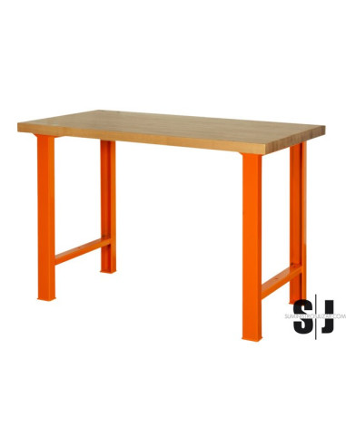 Banco de trabajo con encimera de castaño de industria pesada con 4 patas en color naranja de 1500 mm x 750 mm x 1030 mm