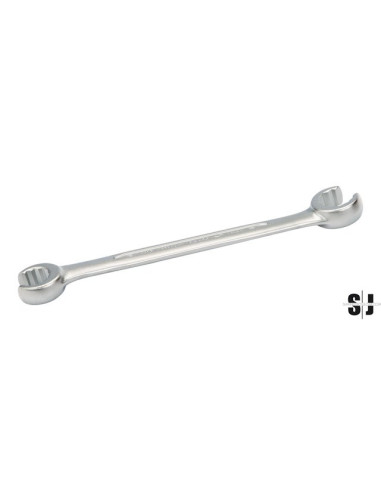 Llave para racores acodada de dos bocas de 14 mm x 15 mm con acabado cromado de 170 mm