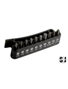 Juego de puntas de 1/4" para tornillos de cabeza Phillips, Pozidriv y TORX® en un soporte de plástico con clip para el cinturón