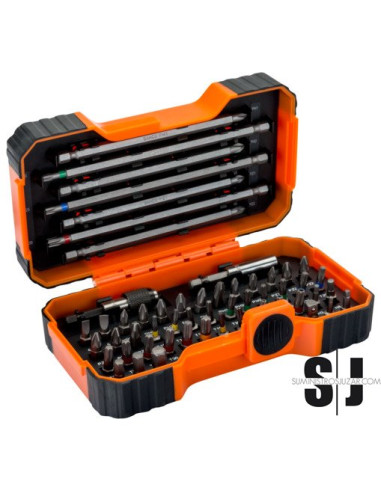 Juego de 54 puntas 1/4" para tornillos inviolables ranurados, Phillips, Pozidriv, hexagonales y TORX®