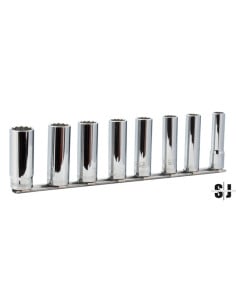 Juego de vasos serie larga con cuadradillo de 3/8" y perfil bi-hexagonal métrico (8 piezas/raíl)