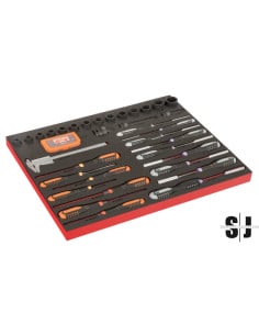 Juego de destornilladores ERGO, calibre, puntas y vasos de impacto de 1/2" en bandeja de foam 3/3 Fit&Go con marcado láser (65 p