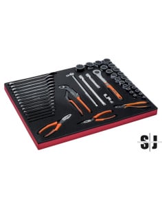 Juego de llaves, alicates y vasos en bandeja de foam 3/3 Fit&Go, 47 unidades